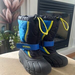 Sorel Black and Blue Kids' Boots with Yellow Accents